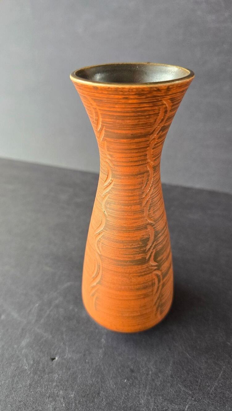 Vintage Terracotta Art Pottery Vase Orange Carved Abstract MCM 1302 15 Decor
